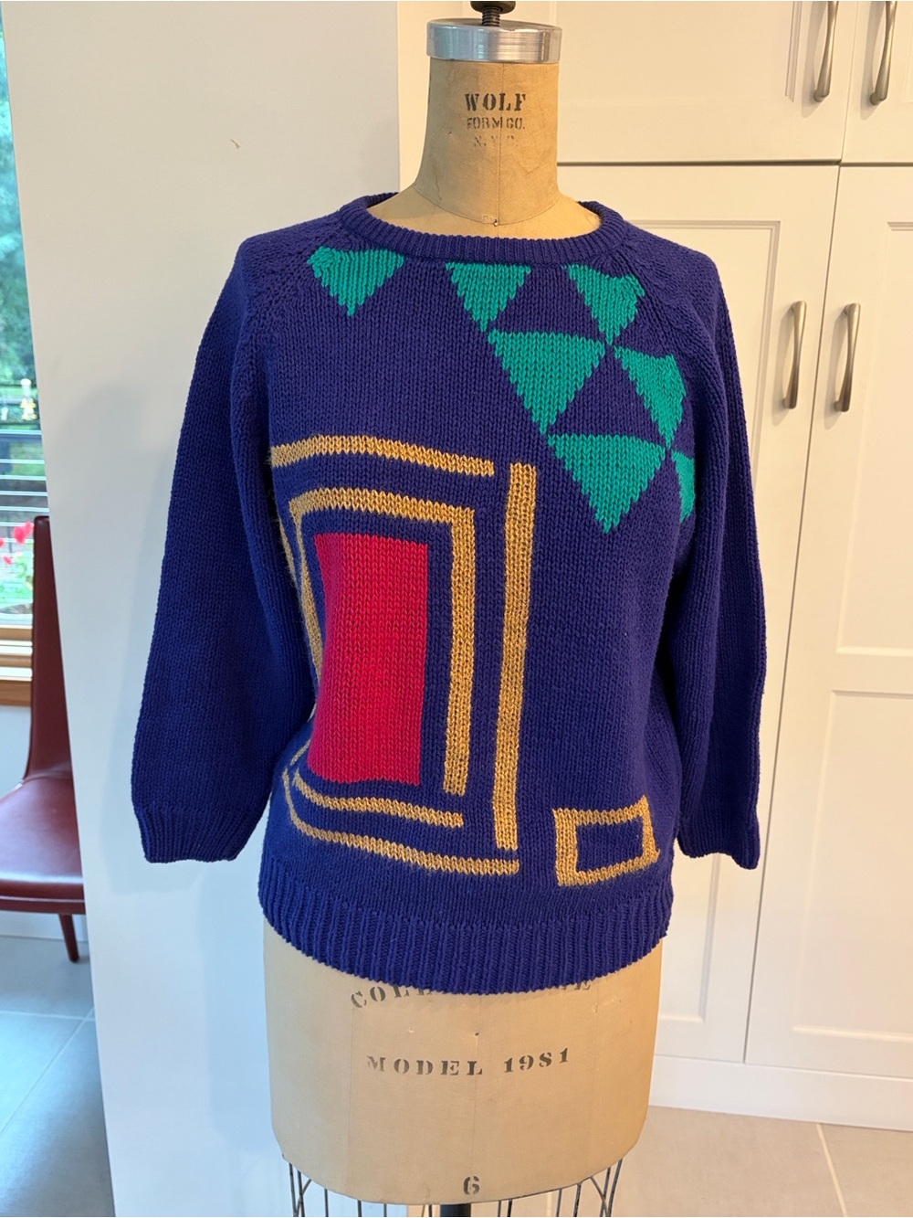 Laura Scott Cobalt Blue Crewneck Sweater with gold metallic, fuscia, turq